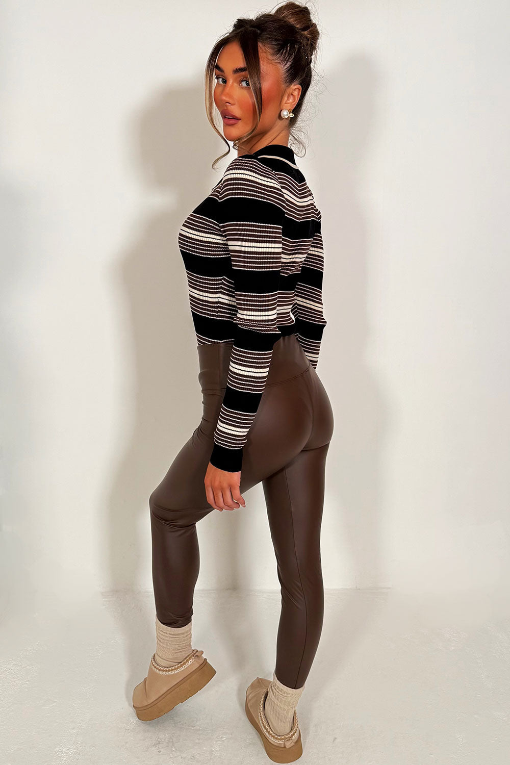 brown stripy long sleeve bodysuit top with gold buttons styledup
