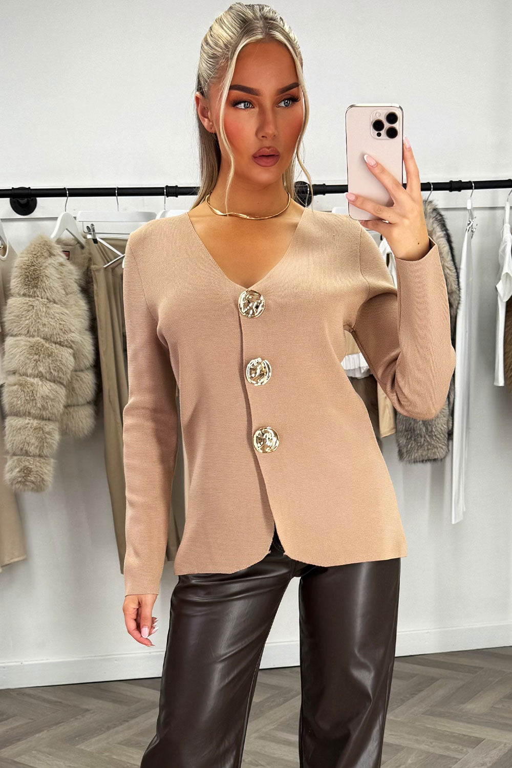 gold button long sleeve knitted jumper for womens christmas party outfit