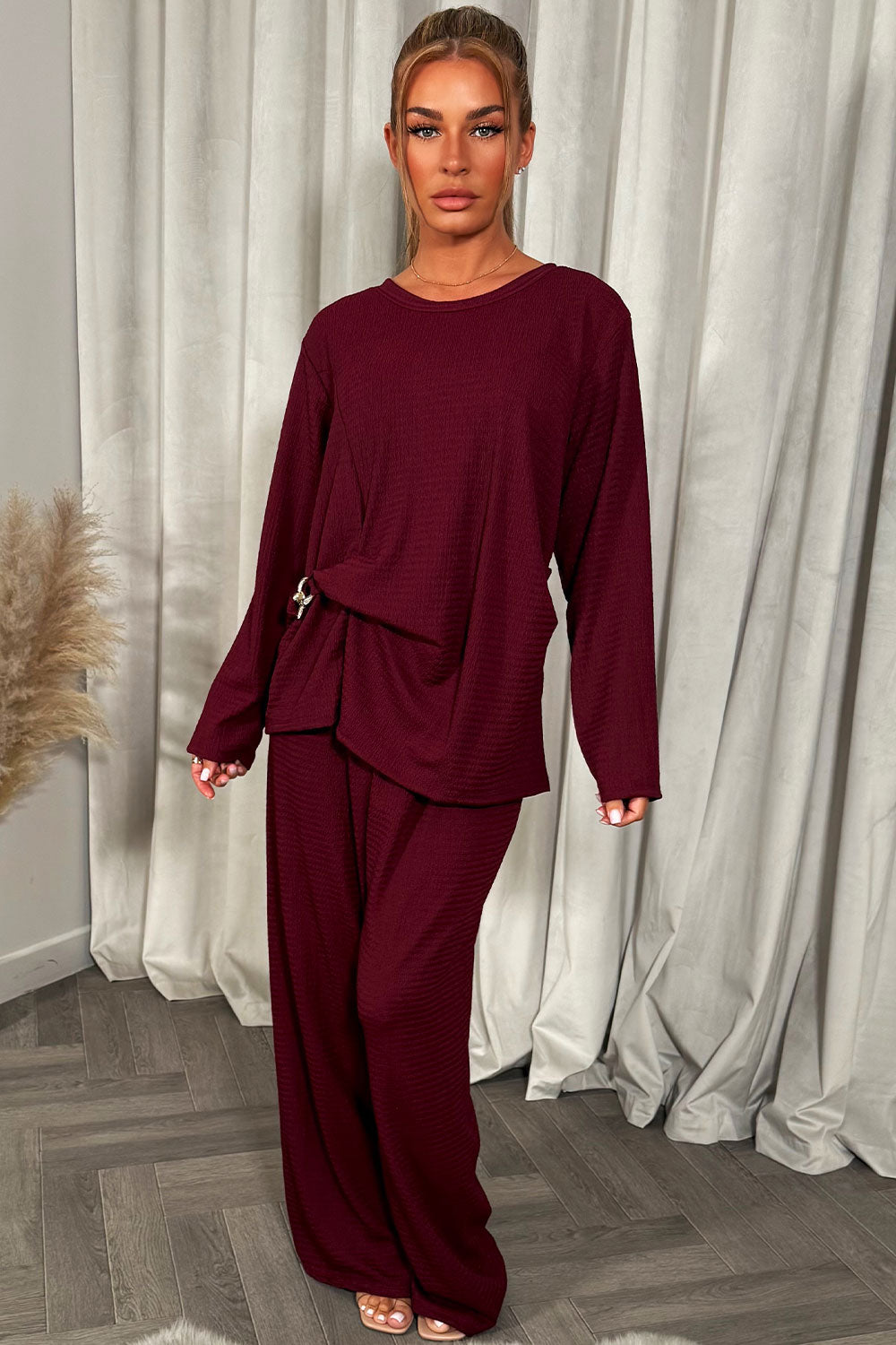 womens gold buckle long sleeve top and trousers co ord set styledup