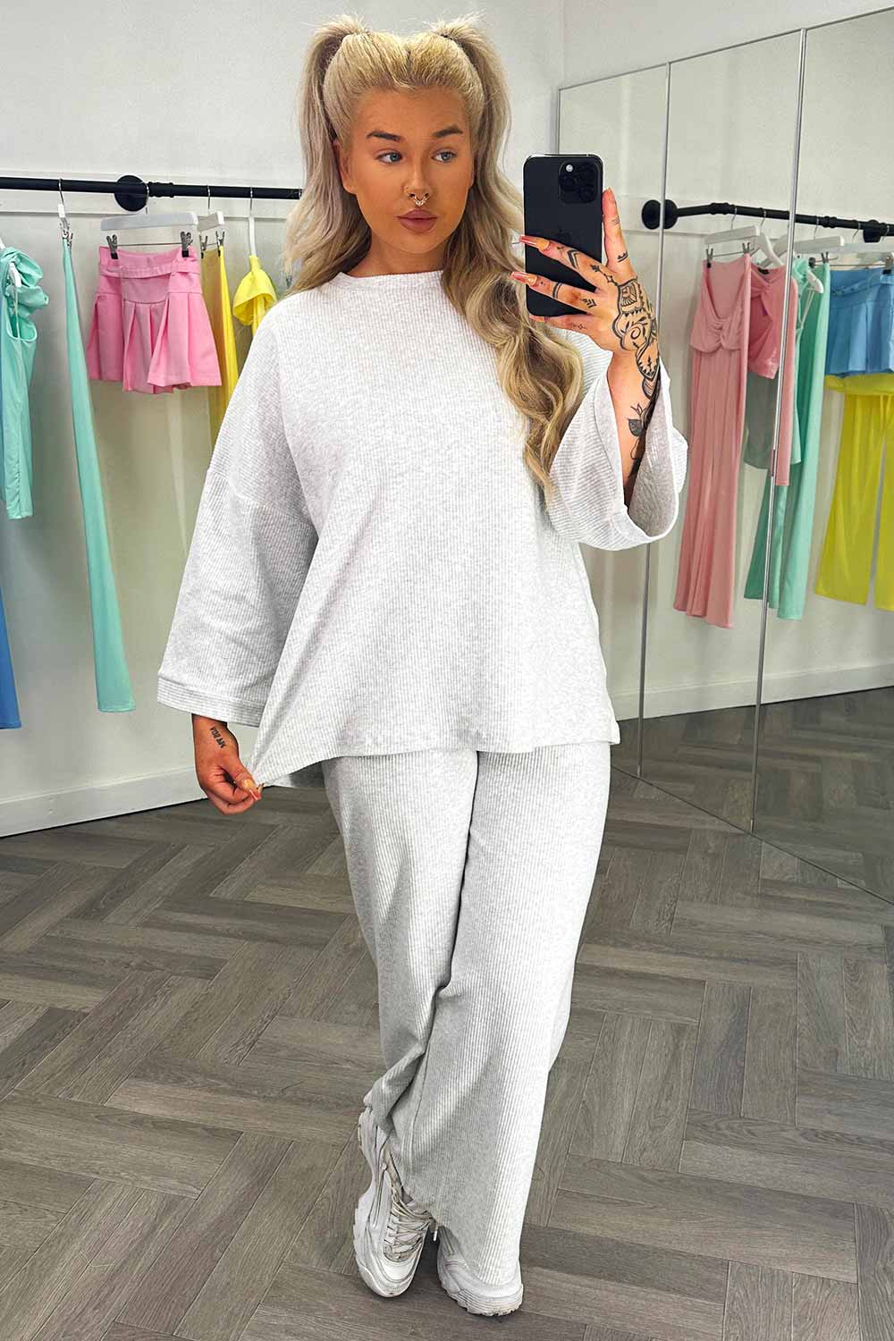 womens long sleeve rib top and wide leg trousers two piece loungewear set