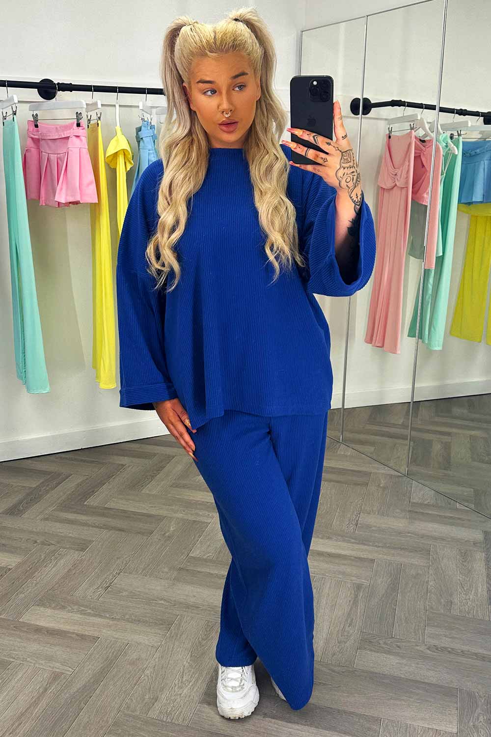 womens oversized rib top and wide leg trousers two piece co ord loungewear set