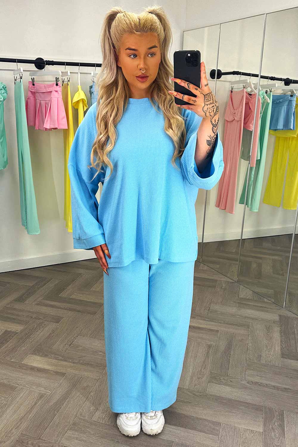womens long sleeve drop shoulder oversized ribbed top and wide leg trousers summer loungewear set