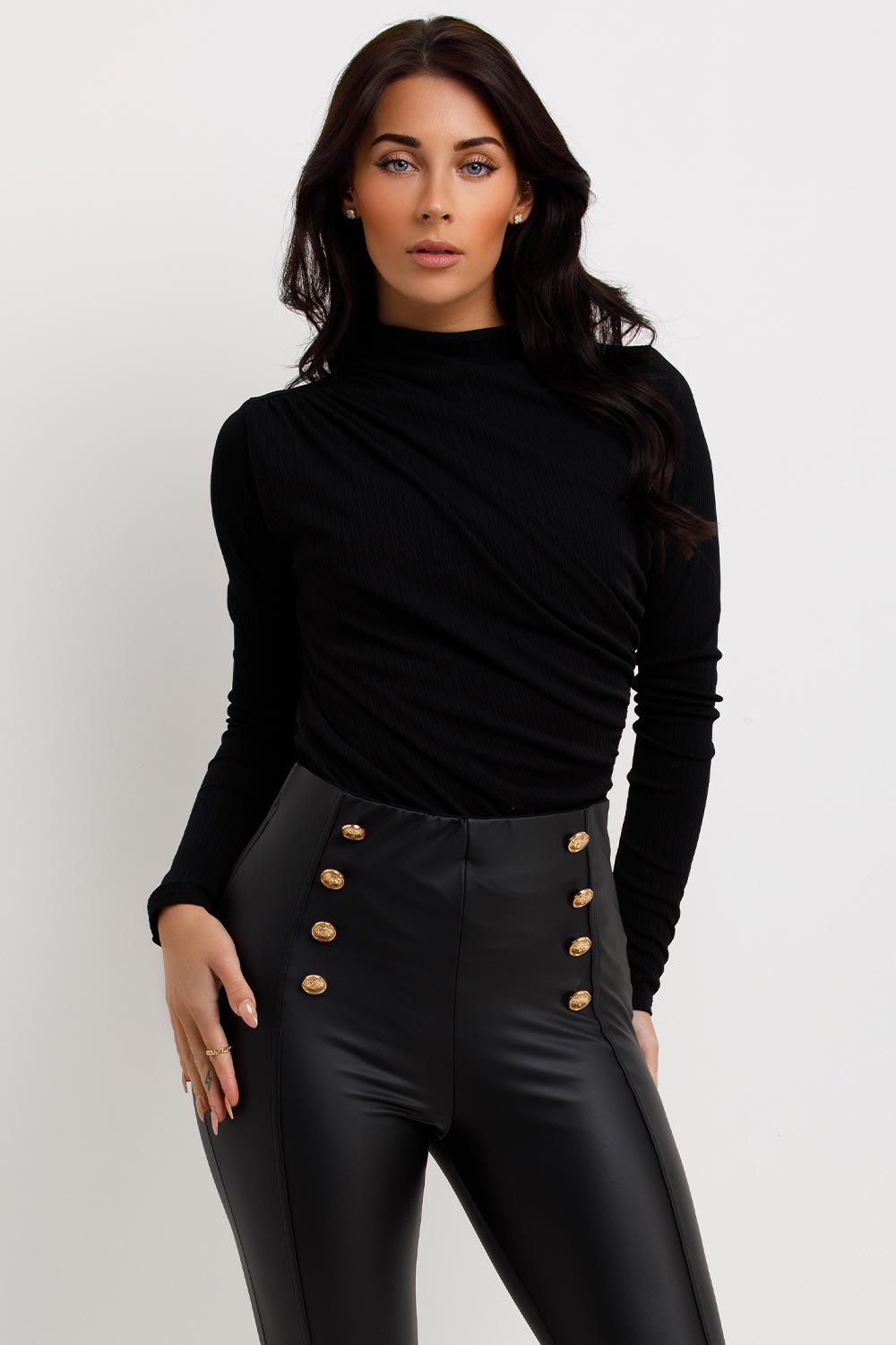 womens long sleeve bodysuit top gathered