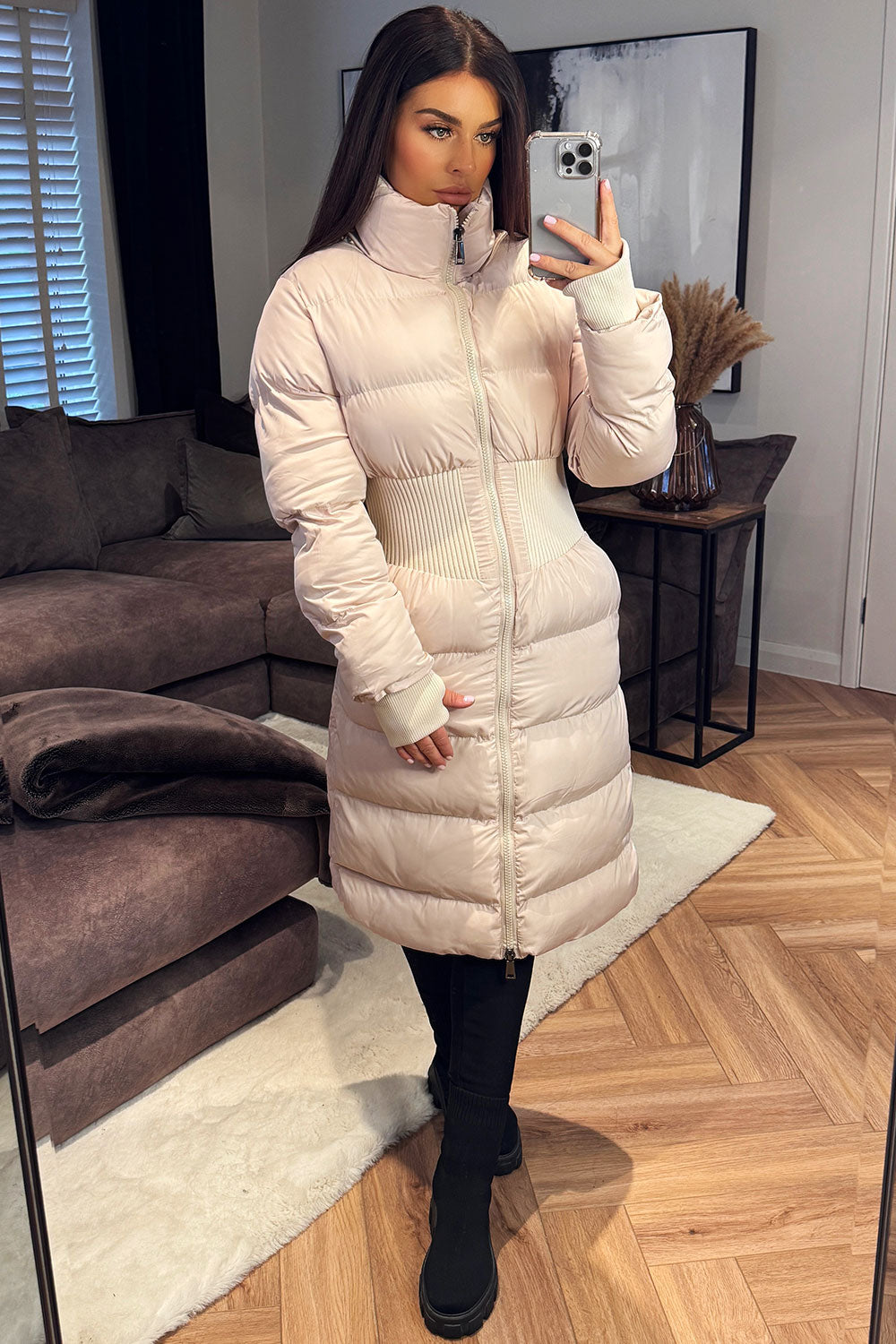 longline puffer coat for winter with rib structured shape for womens