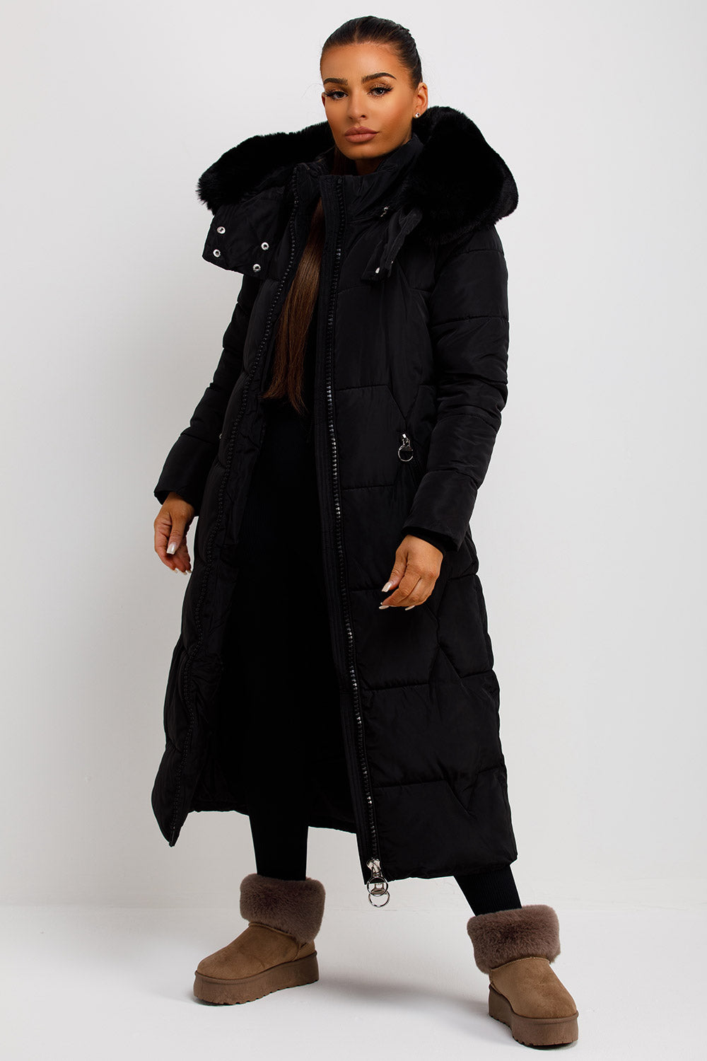 womens long padded puffer coat with fur hood