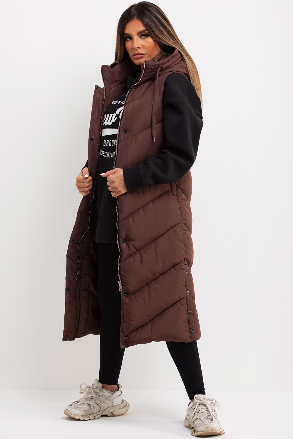 chevron padded longline gilet hooded bodywarmer uk