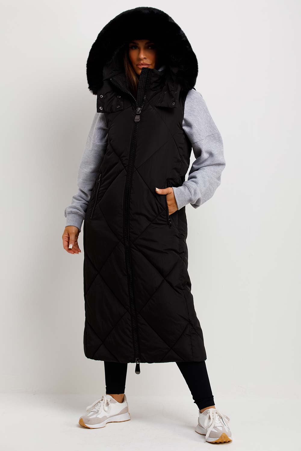 womens long gilet with fur hood black