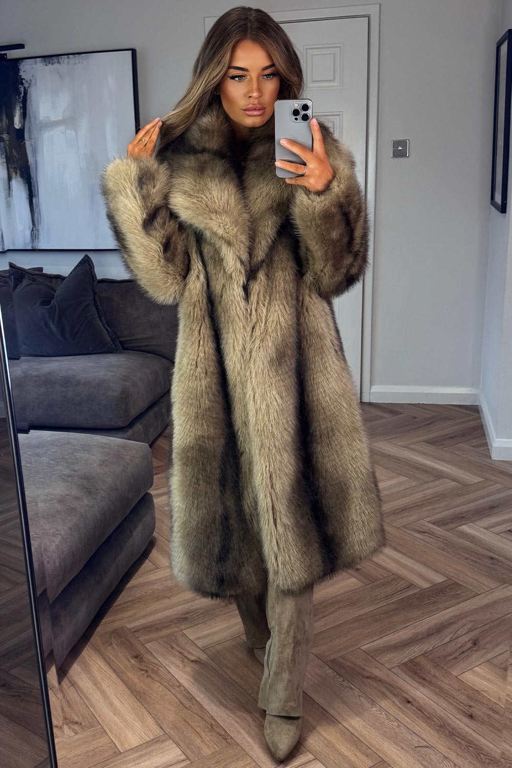 womens long taupe colour way faux fur coat zara uk