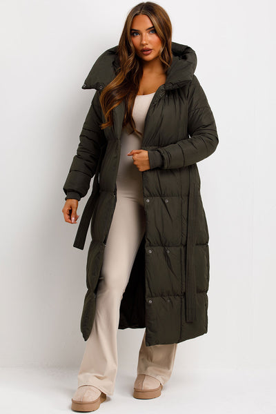 Winter Khaki Longline Padded Coat Women's Long Puffer Coat With