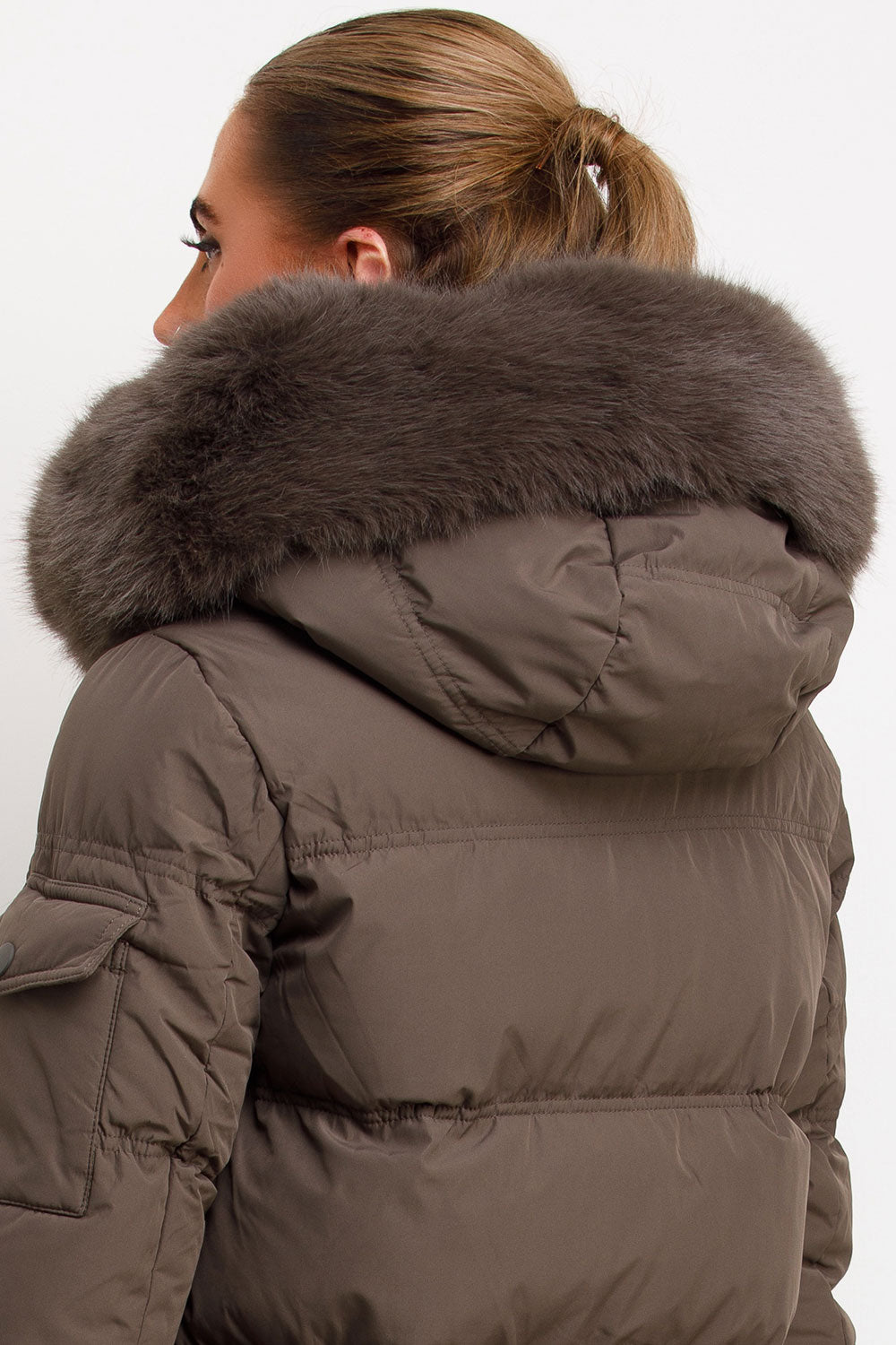 puffer padded down coat with faux fur hood