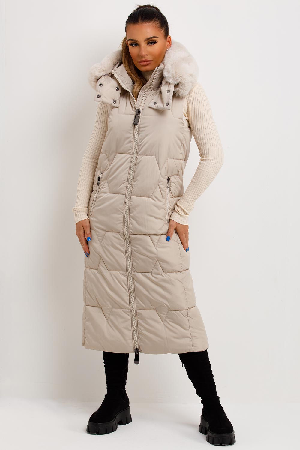 faux fur hood longline puffer gilet