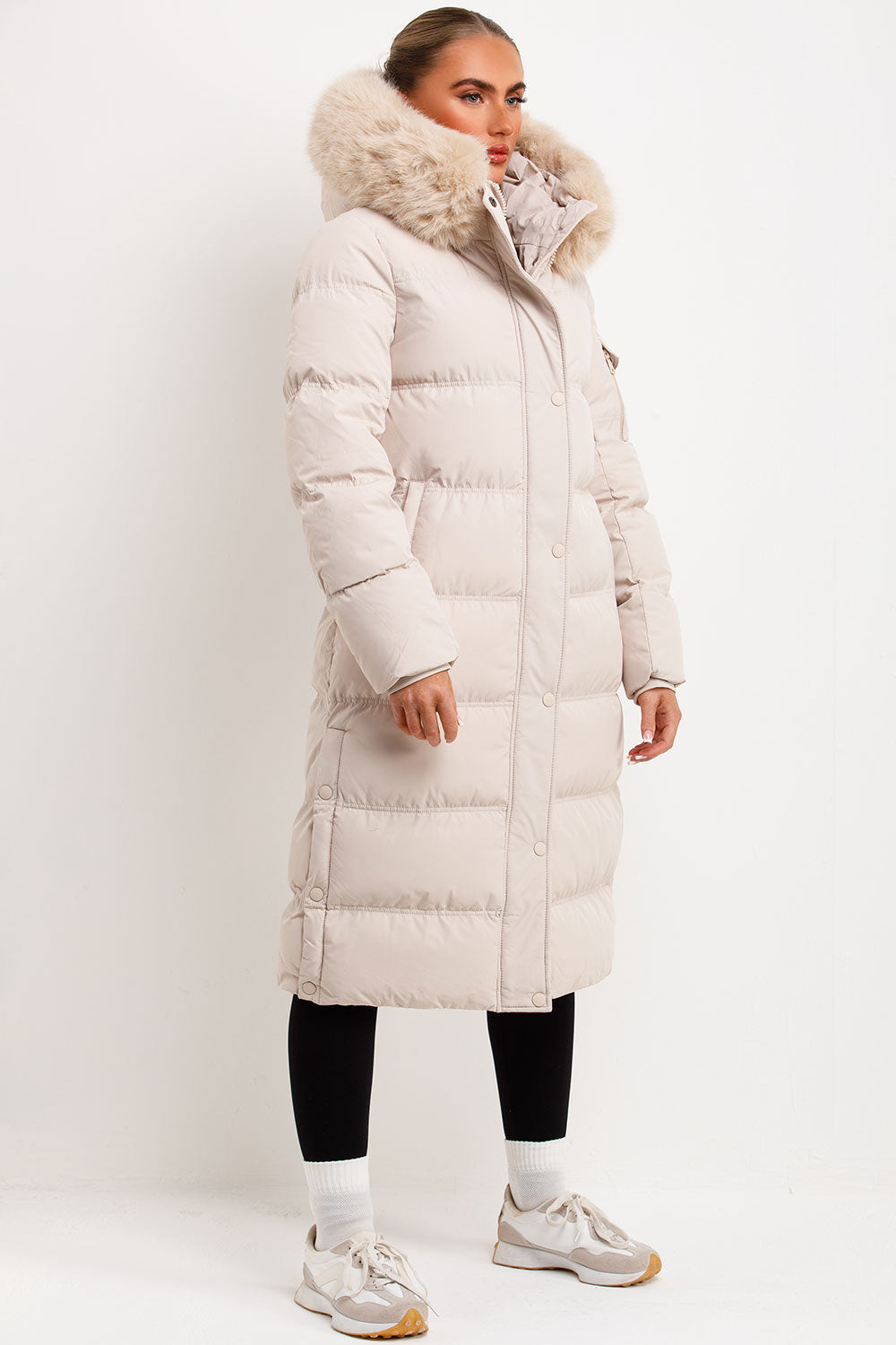 puffer padded down coat with faux fur hood