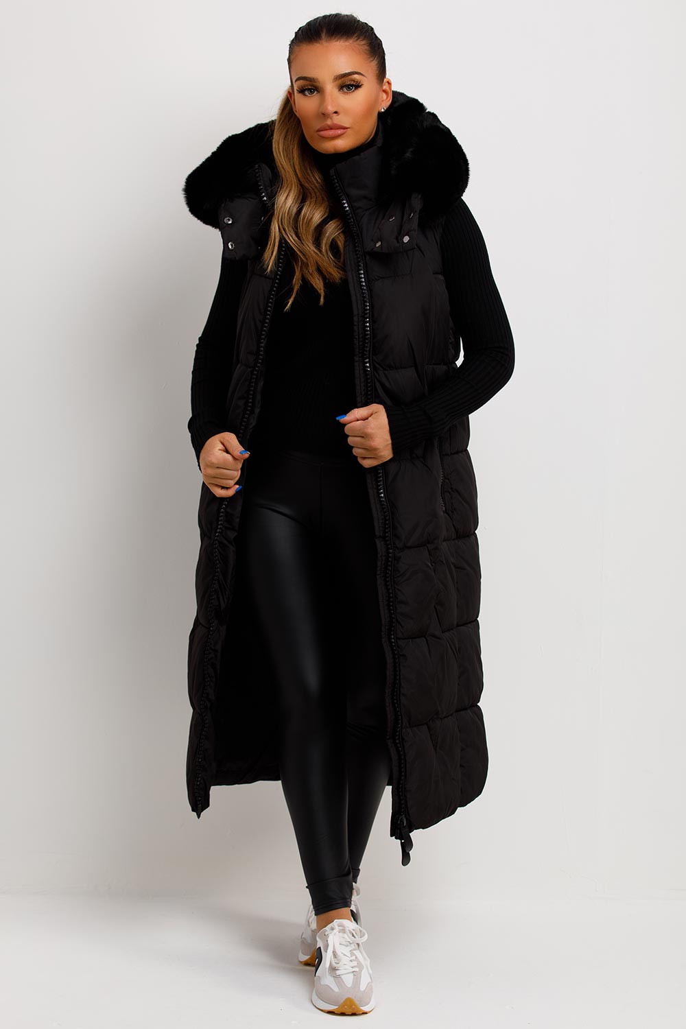 womens black puffer gilet longline