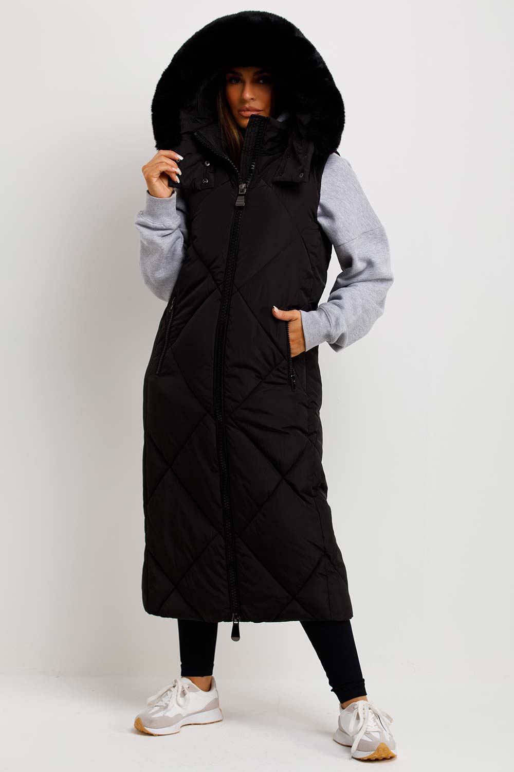 womens padded puffer longline gilet with fur hood