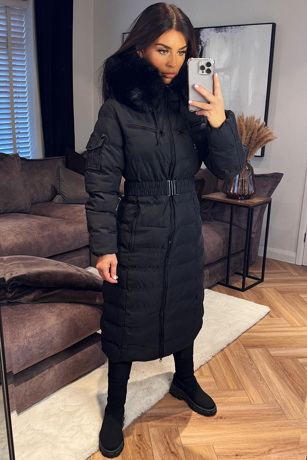 womens long coat with belt and faux fur hood