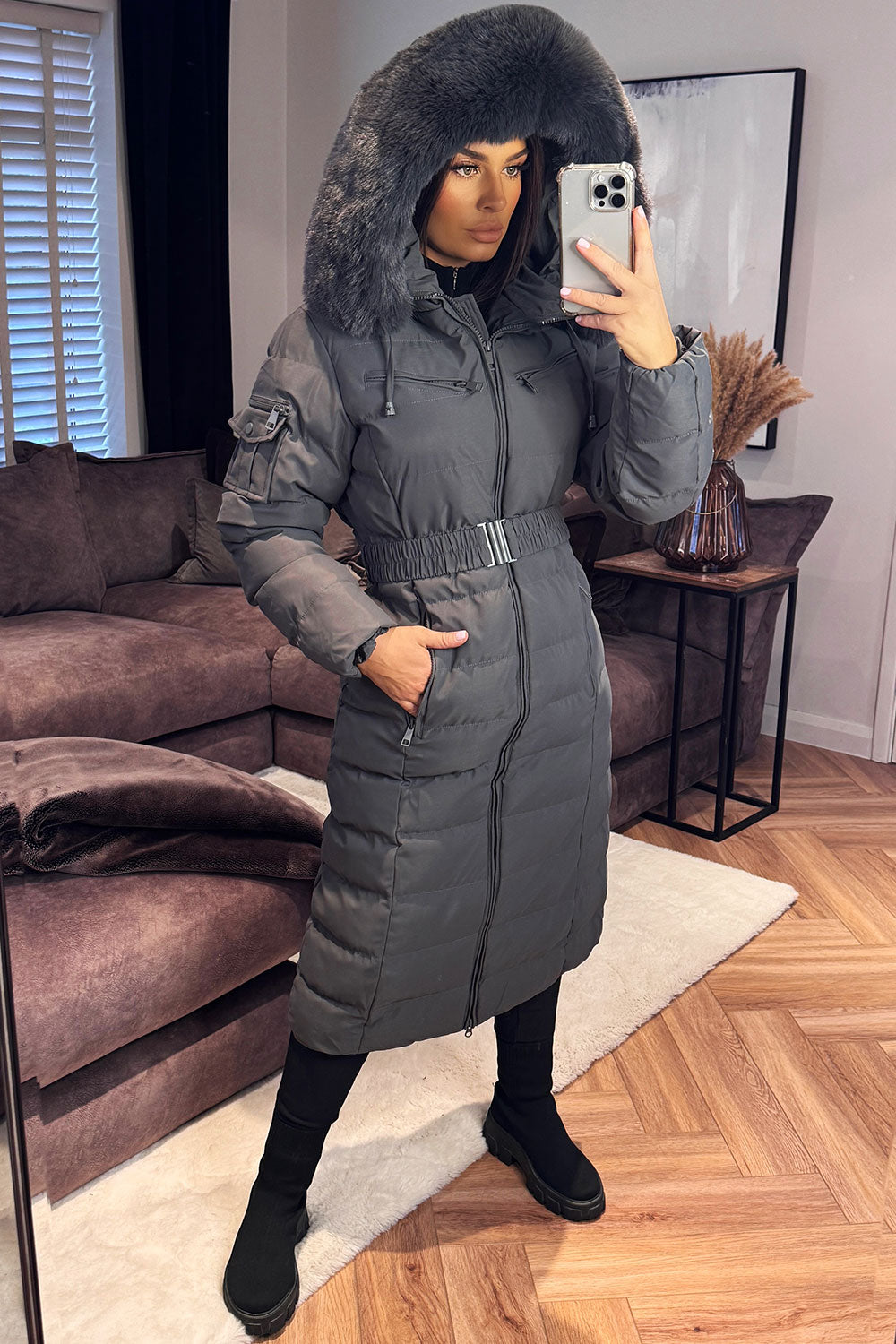 black faux fur hood winter coat with belt styledup