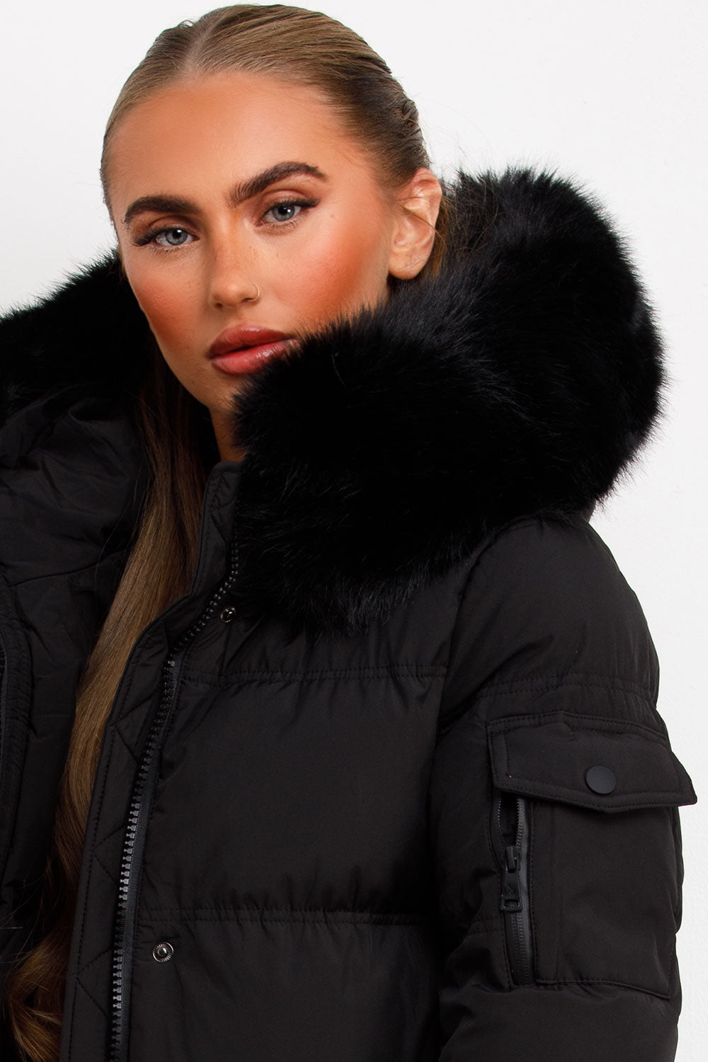 faux fur hood long puffer down coat black