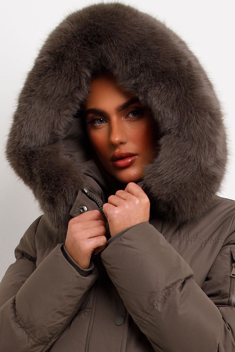 womens khaki faux fur hood coat for winter