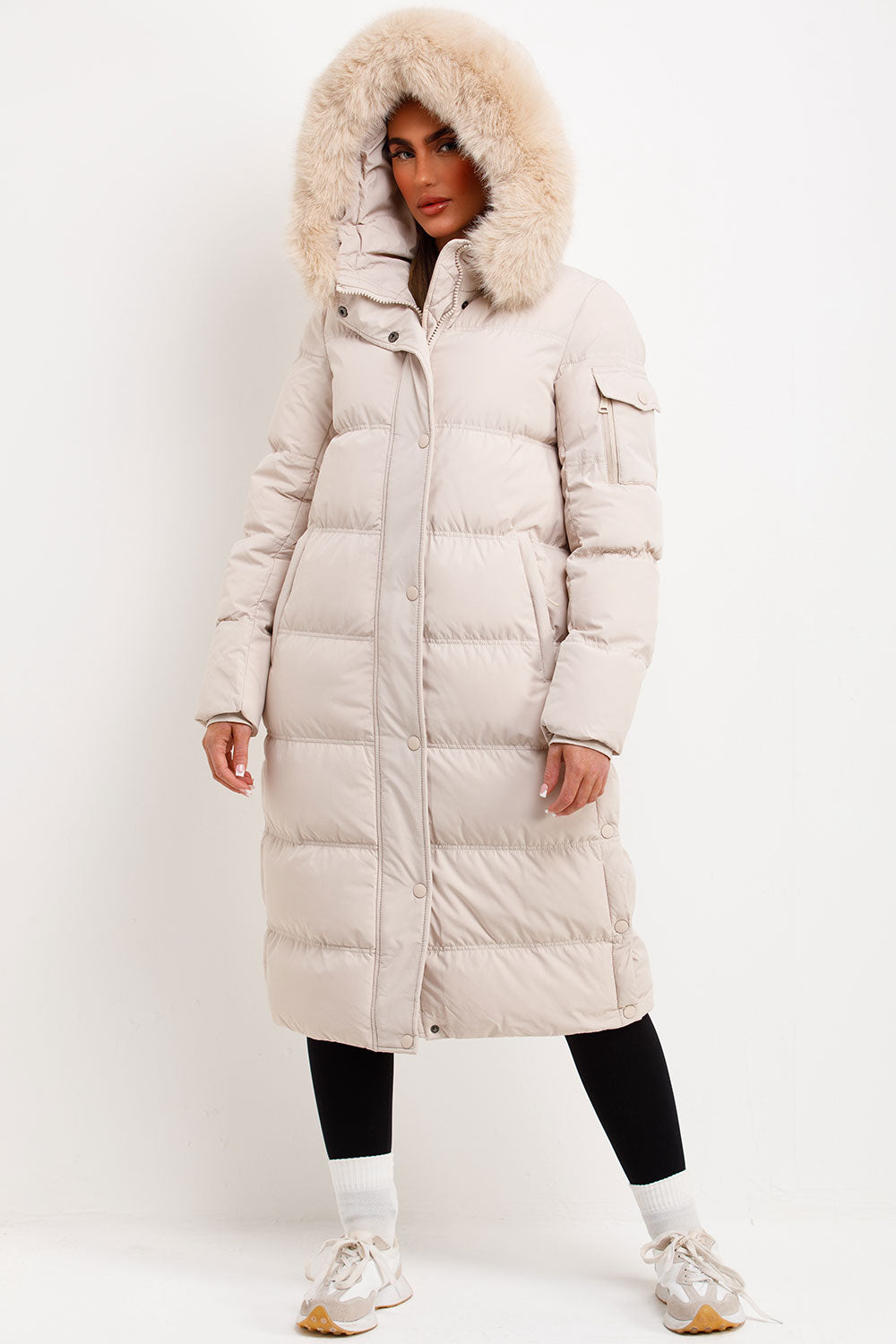 womens beige faux fur hood coat for winter