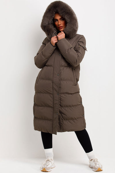 Padded Coat Khaki Coat With Fur Hood Khaki Faux Fur Trim Hooded