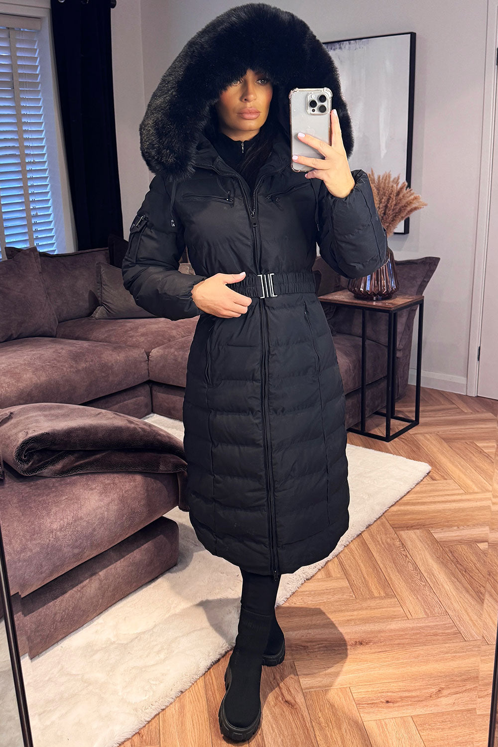 womens padded puffer long coat with fur hood