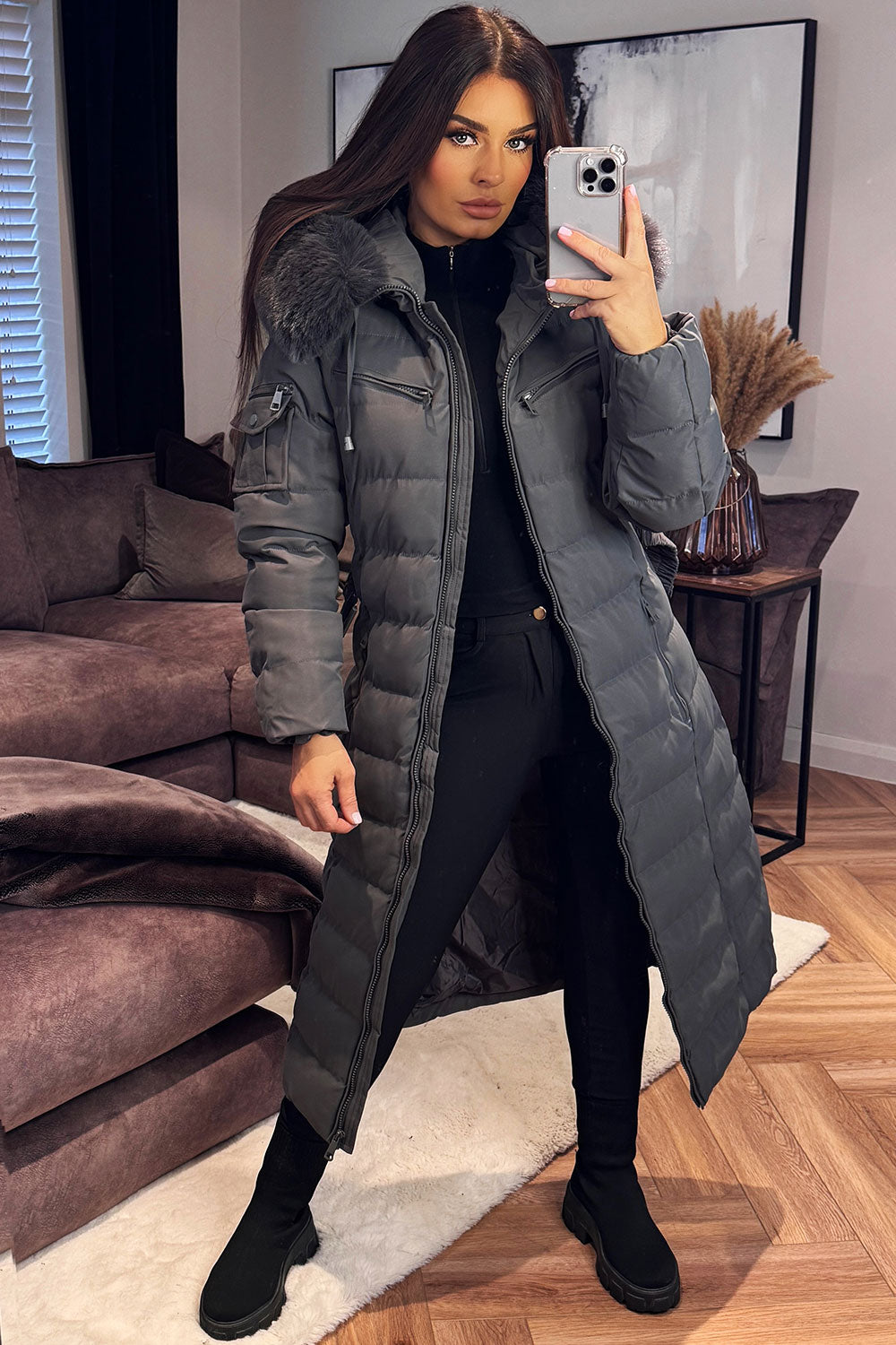womens padded puffer long coat with fur hood