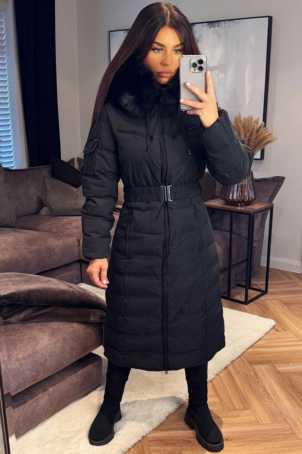 womens long puffer padded coat with faux fur hood and belt