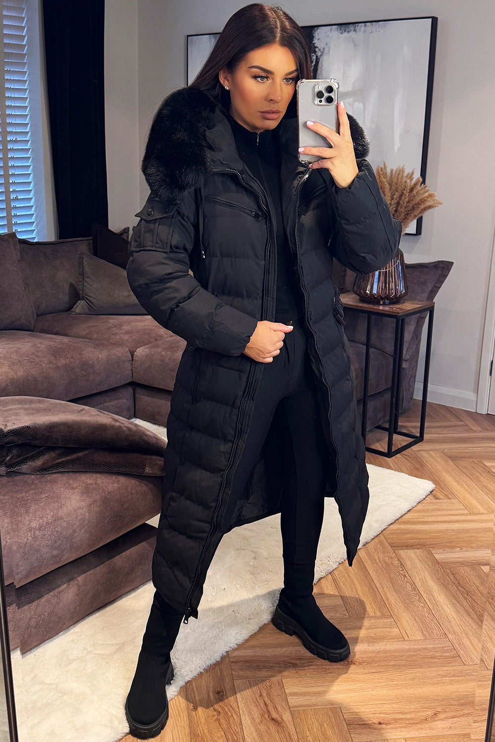 womens padded puffer longline coat with fur hood