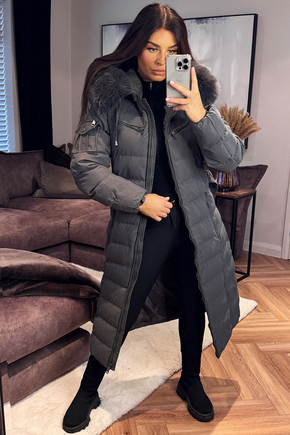 womens long puffer padded coat with faux fur hood and belt