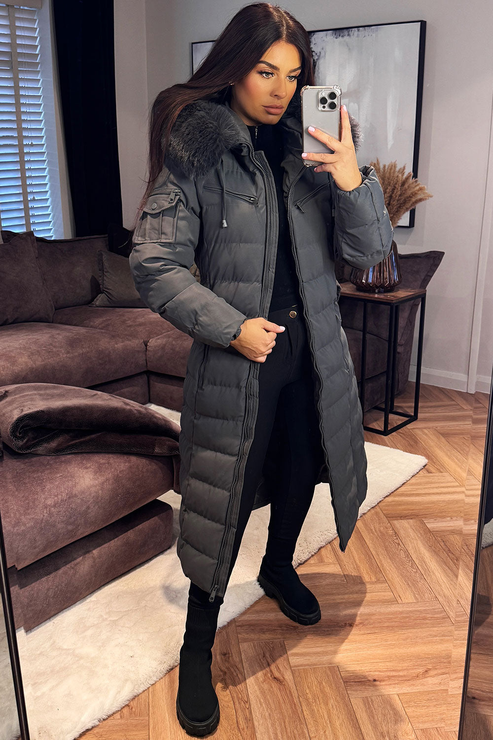 womens padded puffer longline coat with fur hood