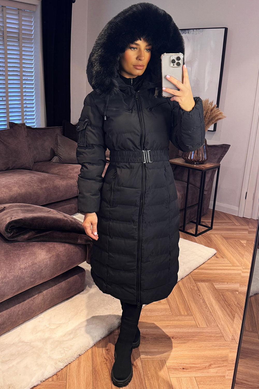 black faux fur hood winter coat with belt styledup