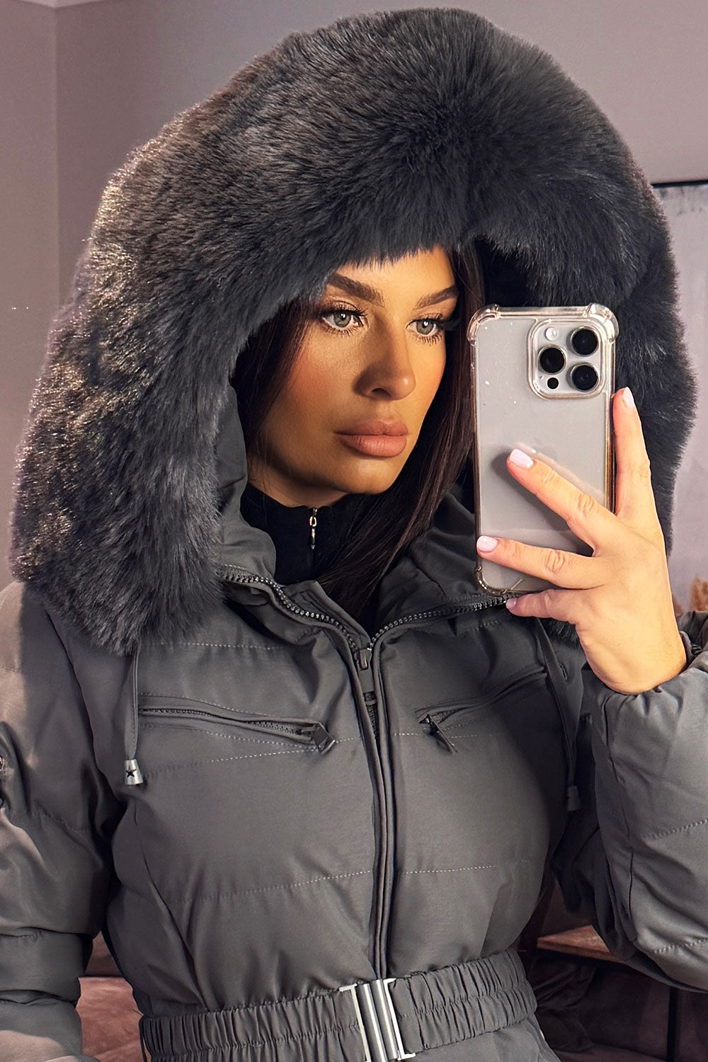 womens long coat with belt and faux fur hood