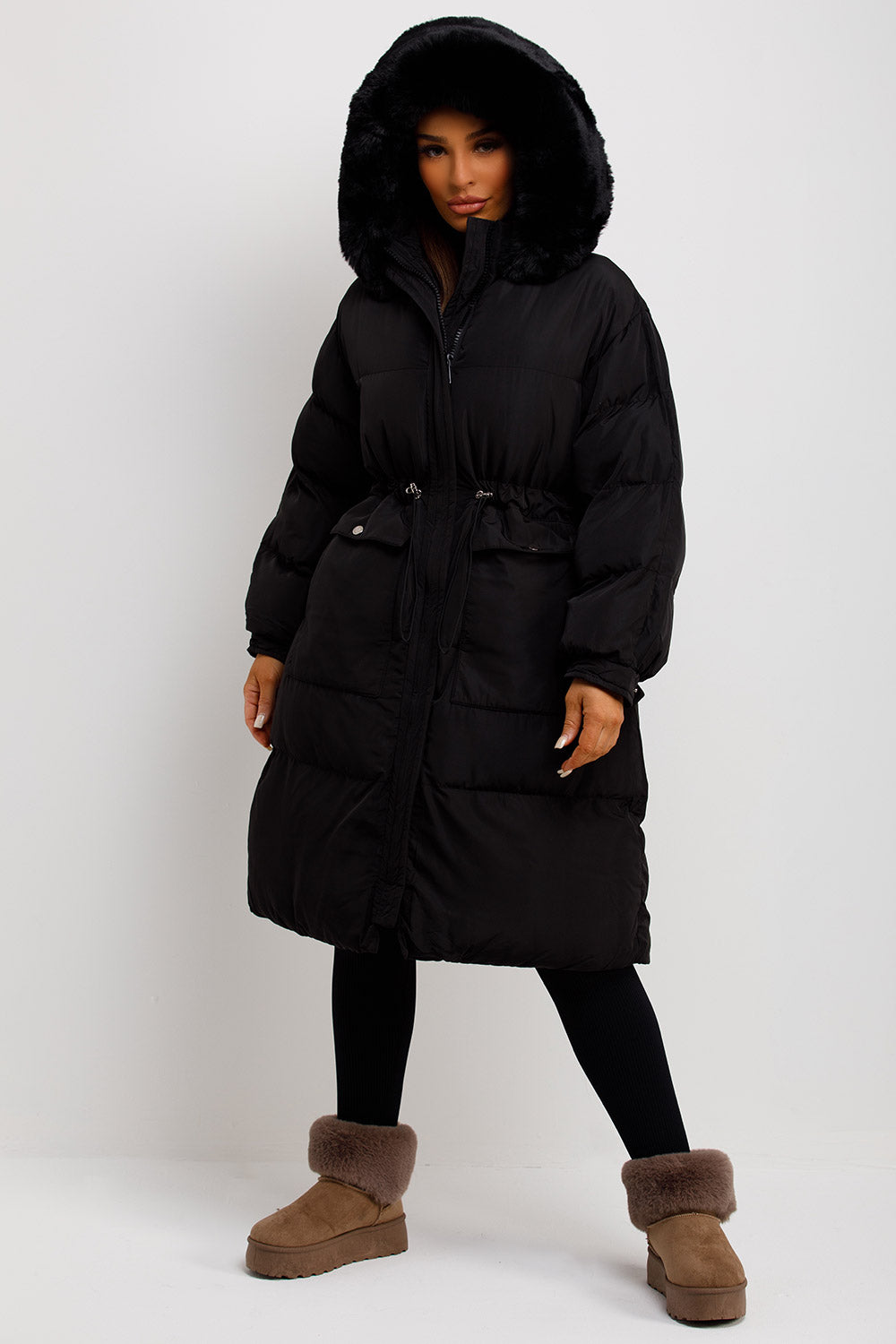 long puffer coat with fur hood womens