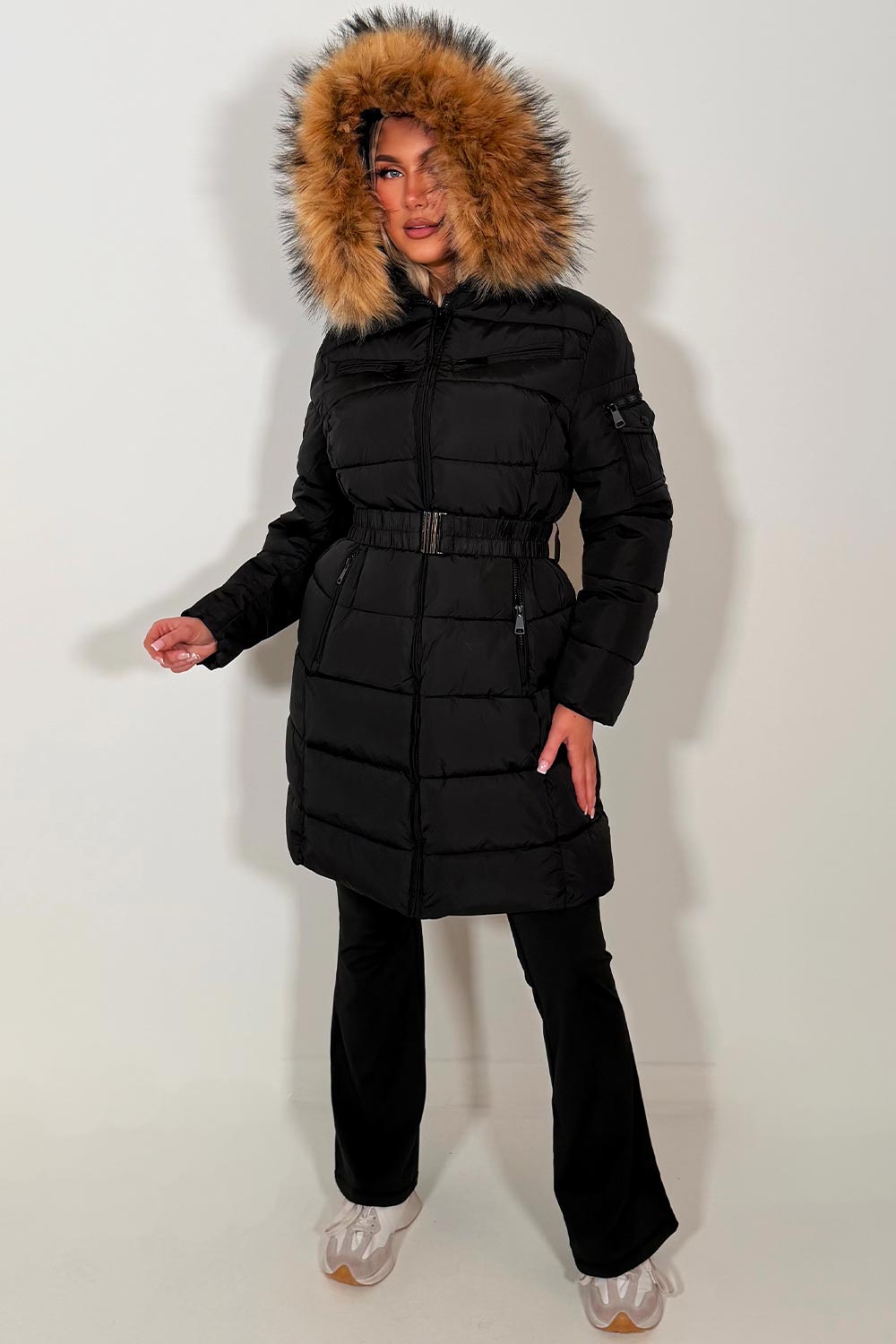 womens fur hood winter coat with belt styledup