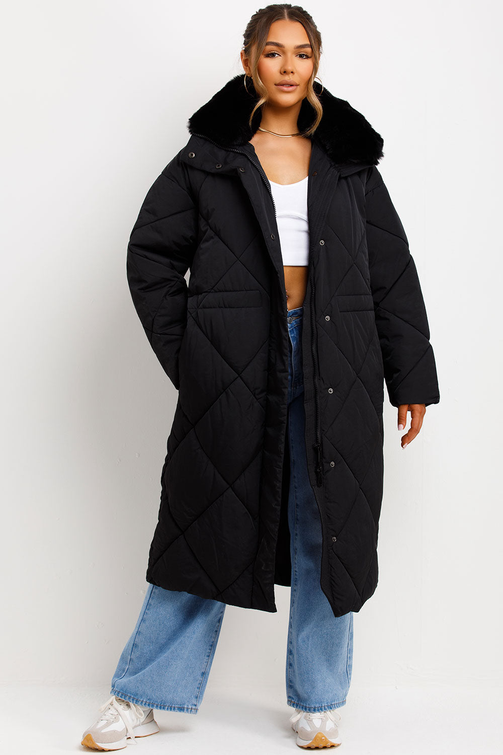 zara womens long winter coat with faux fur collar and drawstring waist