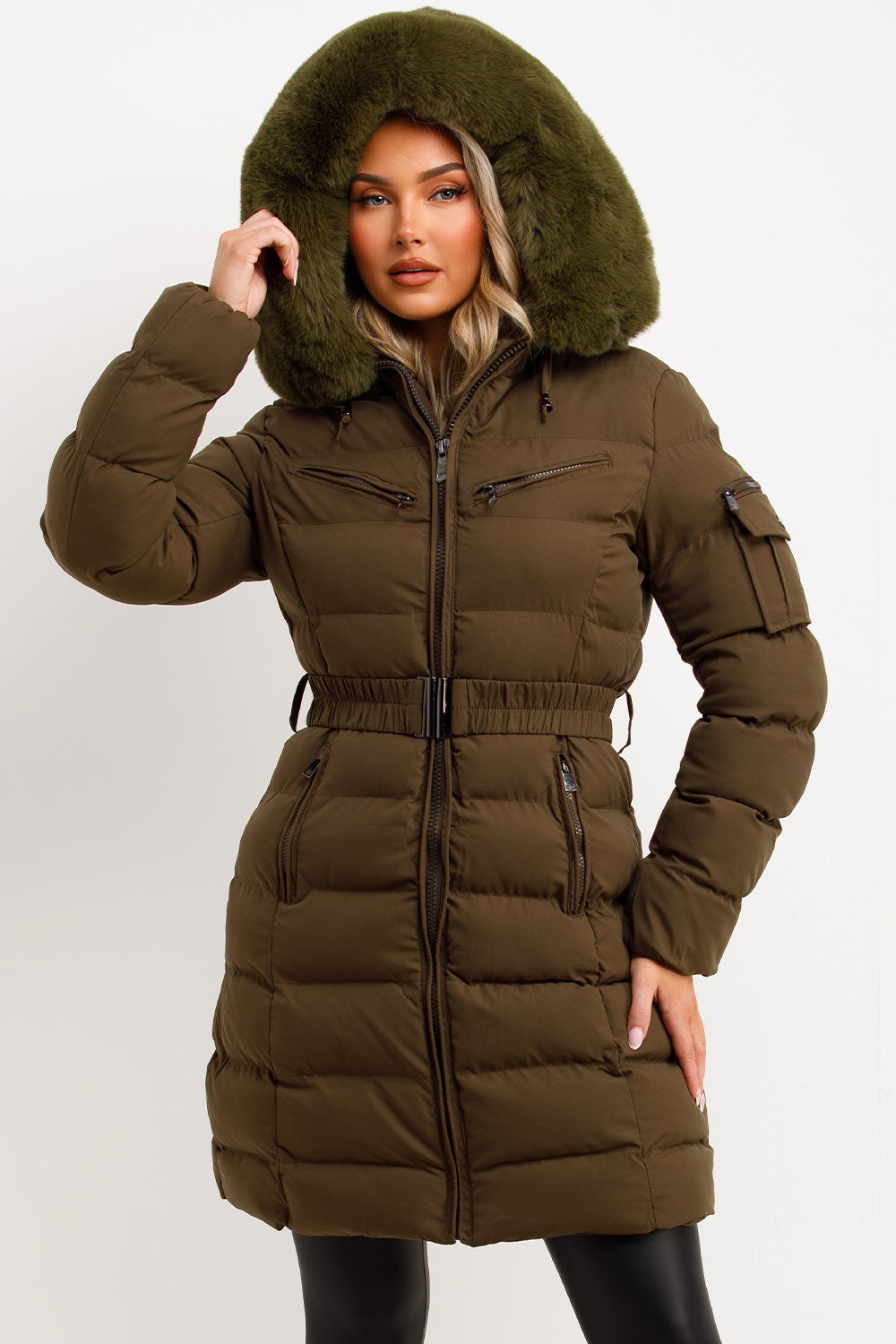 womens padded puffer long coat with fur hood