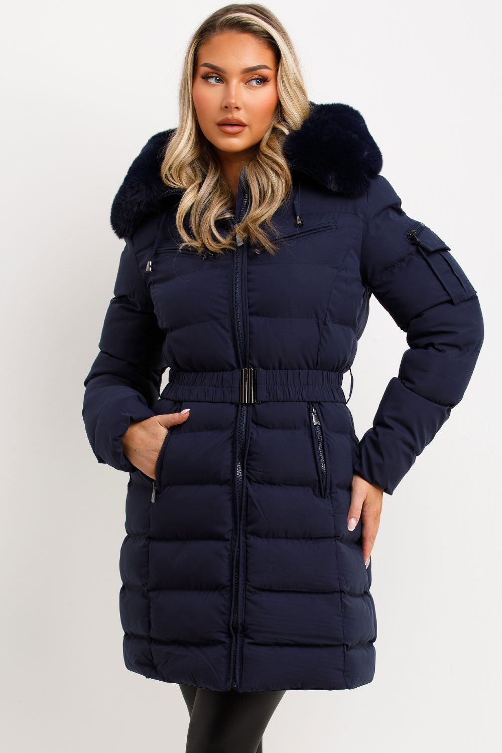 womens padded puffer long coat with fur hood