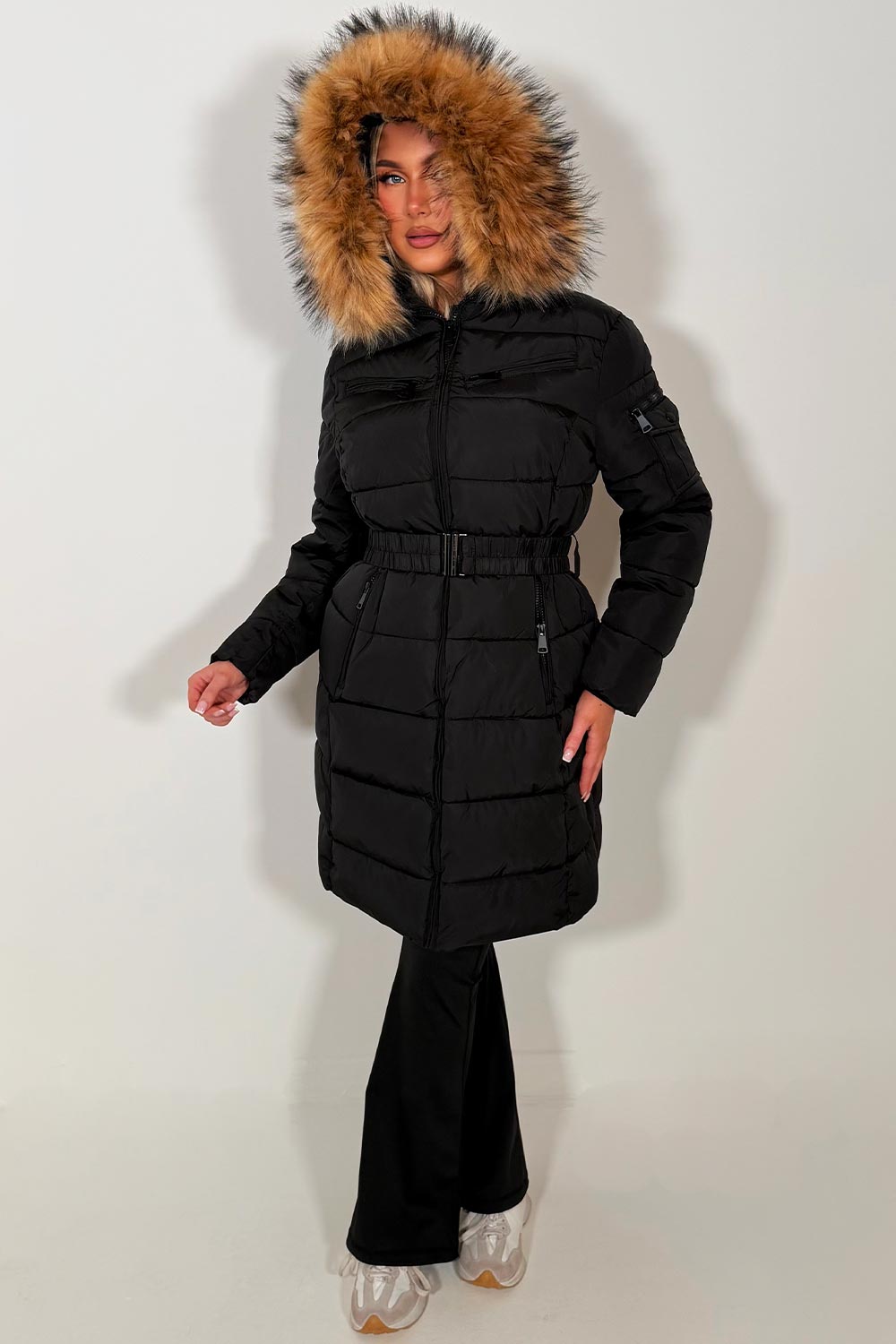womens padded puffer longline coat with fur hood womens
