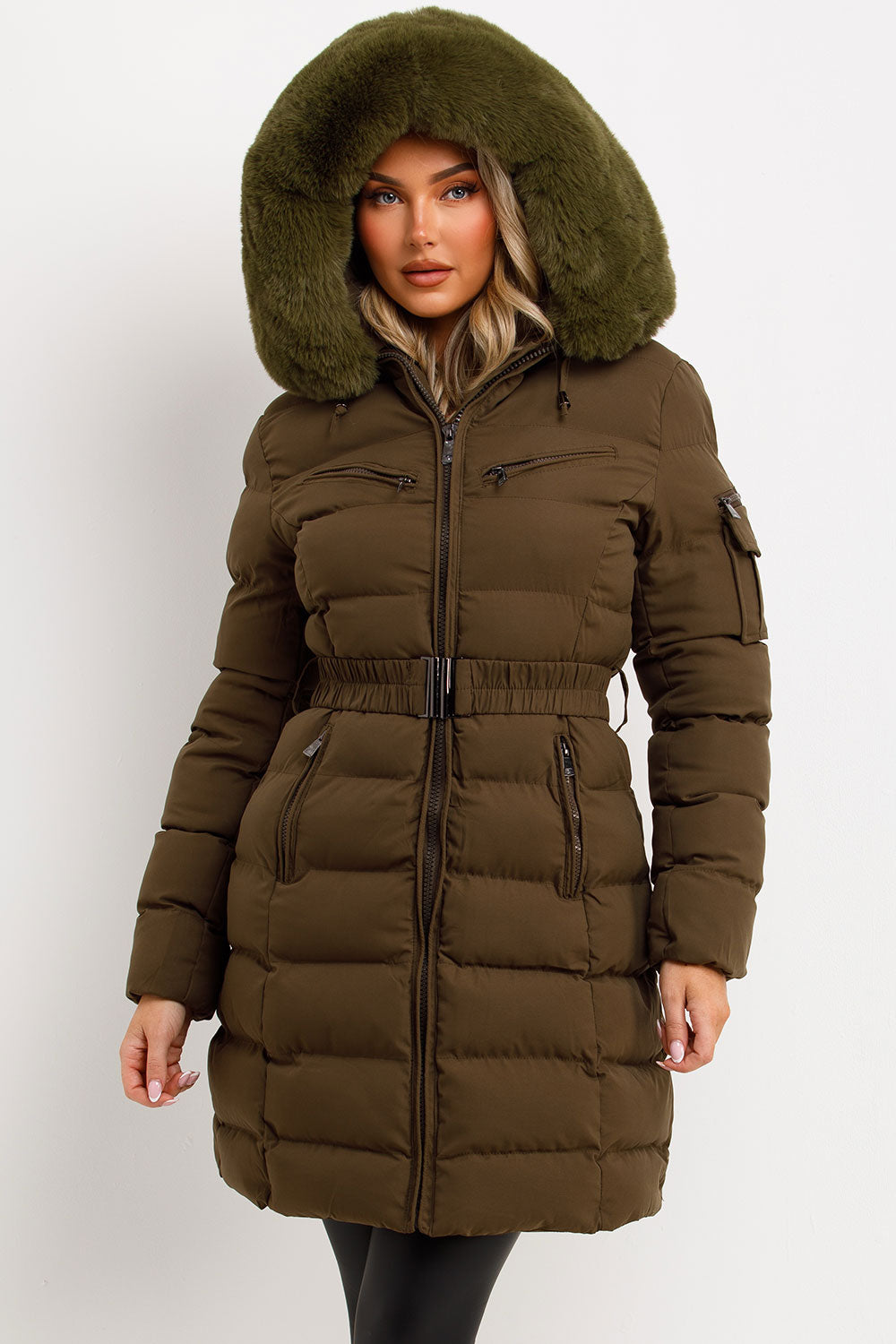 khaki faux fur hood winter coat with belt styledup