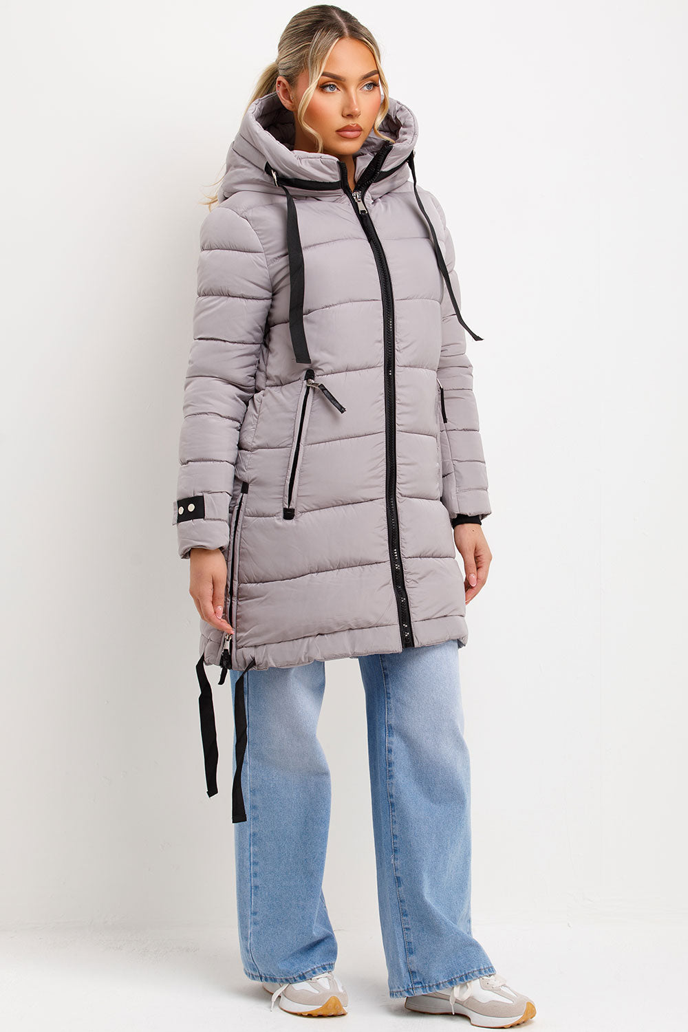 womens longline padded puffer quilted hooded coat outerwear
