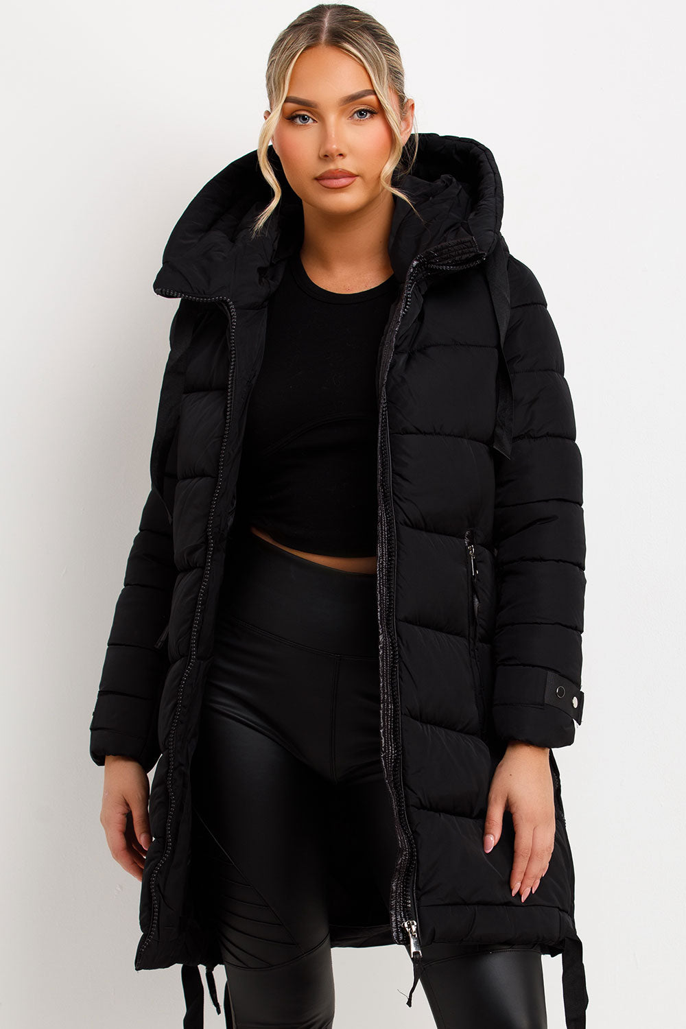 womens long padded puffer coat with hood for winter styledup
