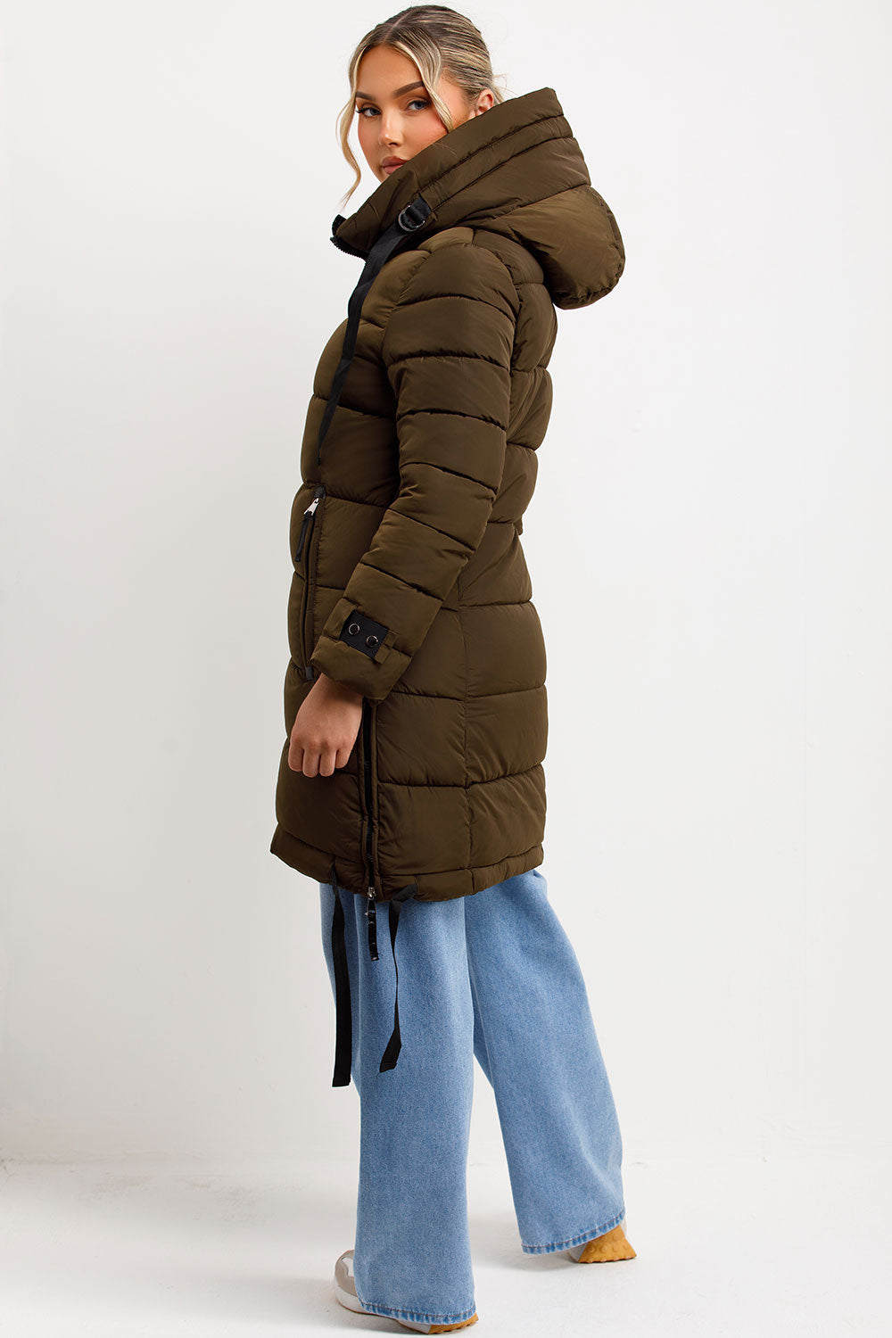 womens long puffer padded hooded coat with side straps outerwear