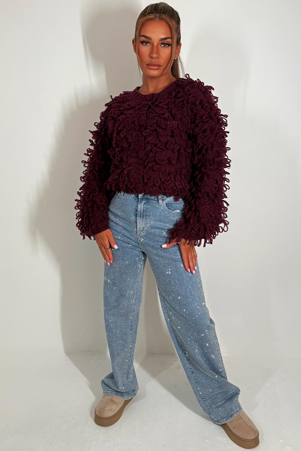 womens knitted cardigan jumper shaggy loop fringes christmas market outfit