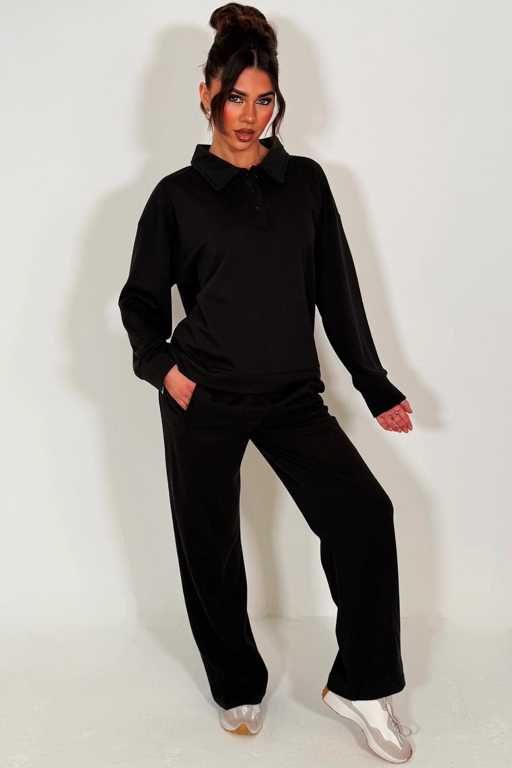 womens collared sweatshirt and straight leg joggers tracksuit lounges set airport outfit