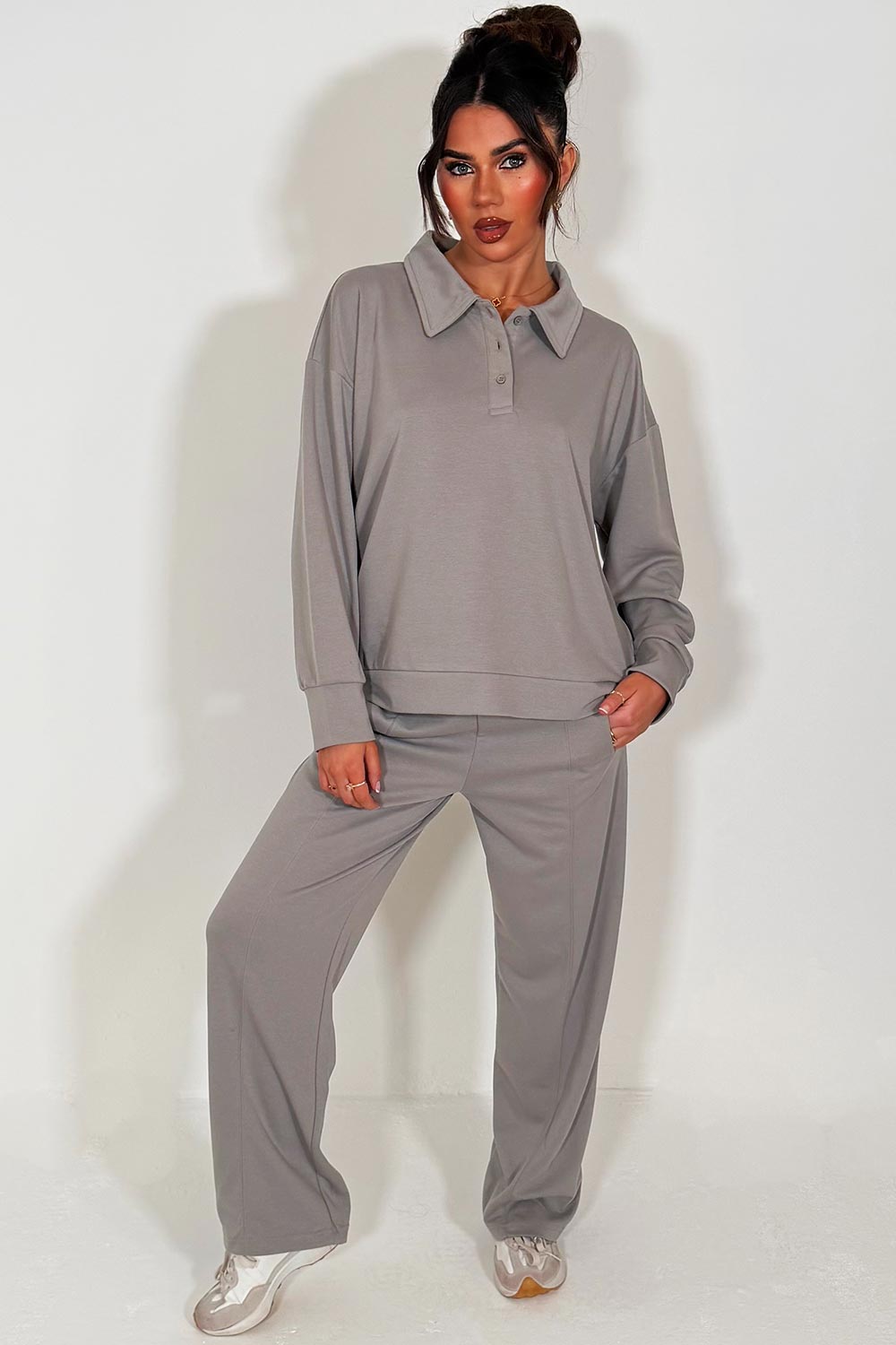 womens zara half button up front collared jumper and joggers tracksuit loungewear set airport outfit