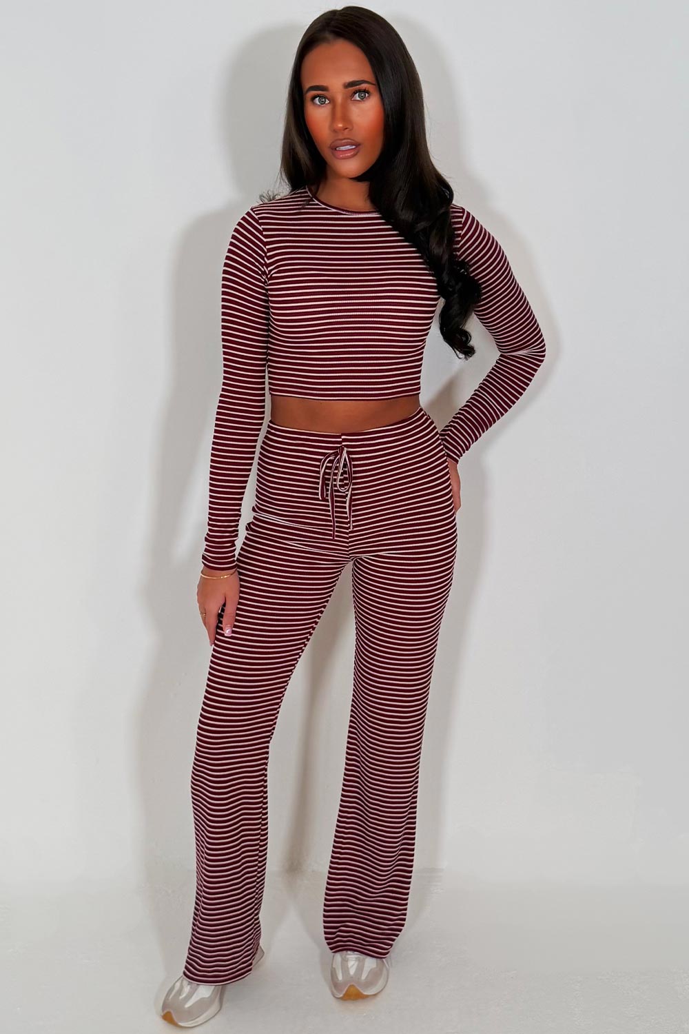 womens burgundy striped lounge set long sleeve crop top and wide leg trouser co ord set styledup
