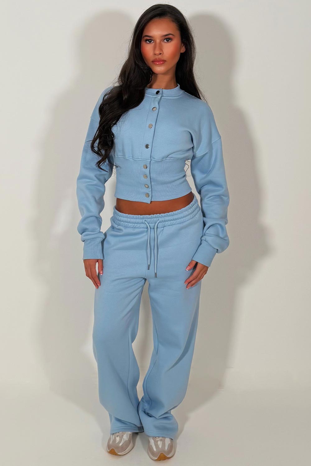 womens button up crop tracksuit baby blue two piece co ord tiktok styledup