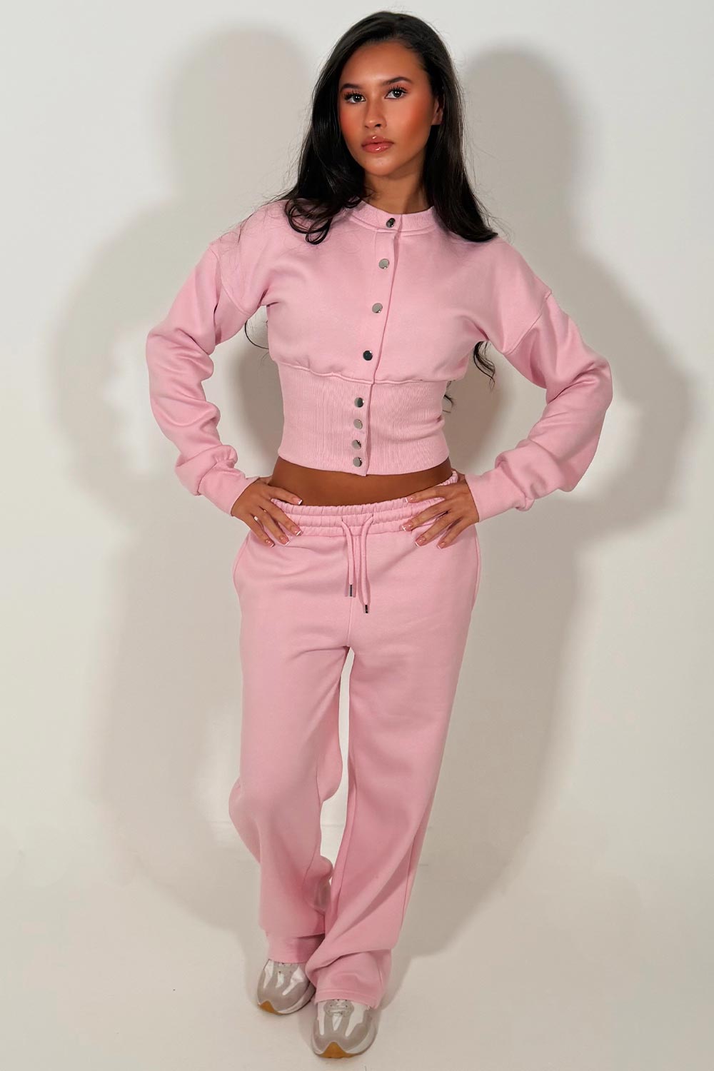 womens button up waist compress crop sweatshirt and joggers loungewear co ord set styledup casual comfy airport outfit set