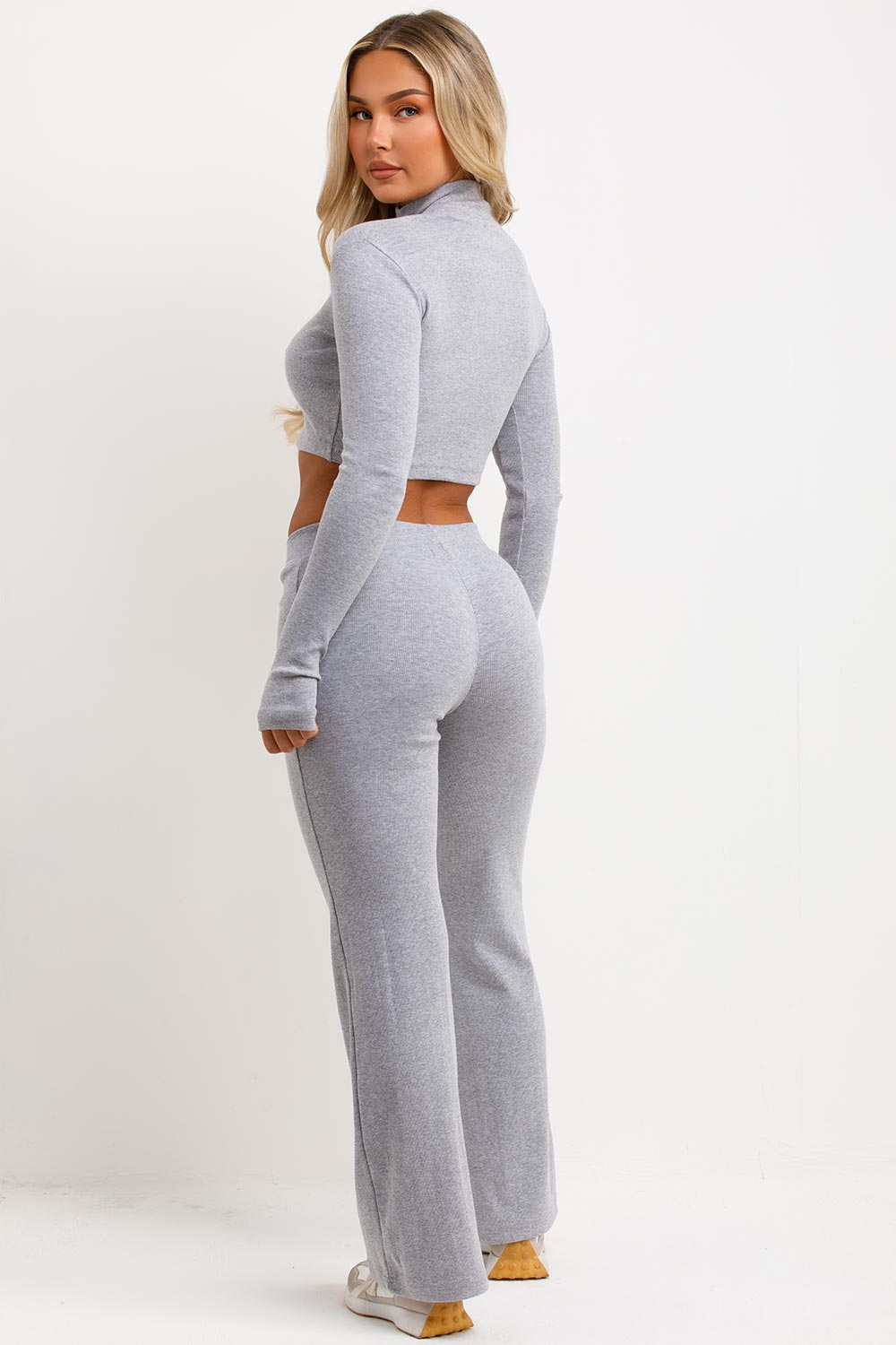 womens rib double zip top and flare trousers two piece loungewear co ord set grey