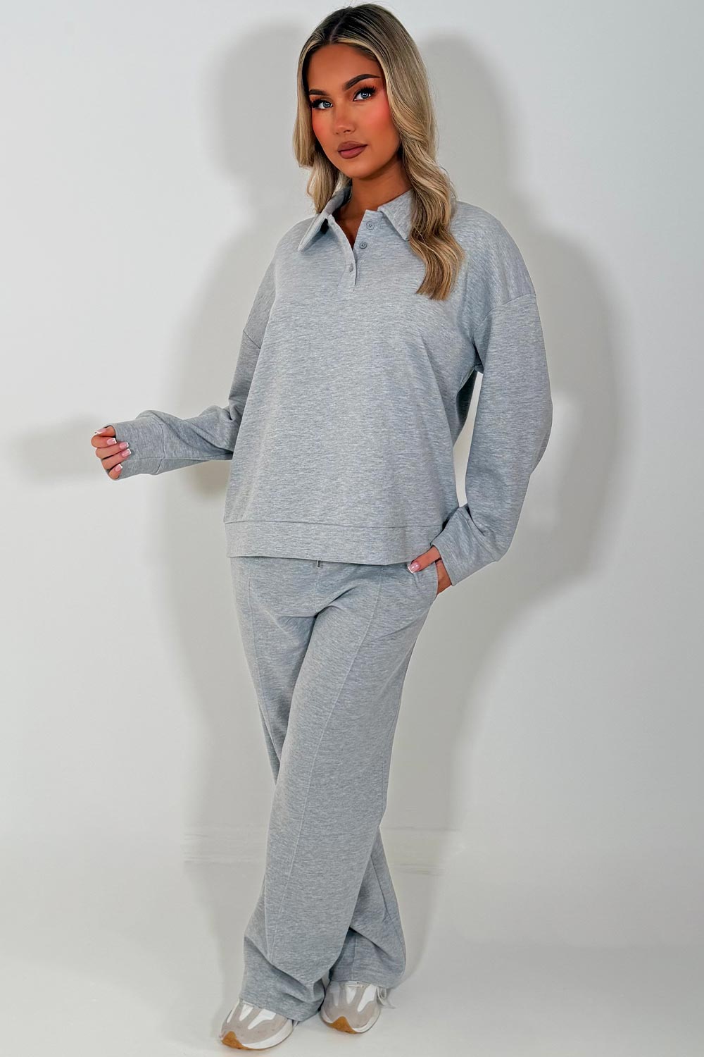 loungewear womens half button up front collared sweatshirt and joggers set airport outfit styledup